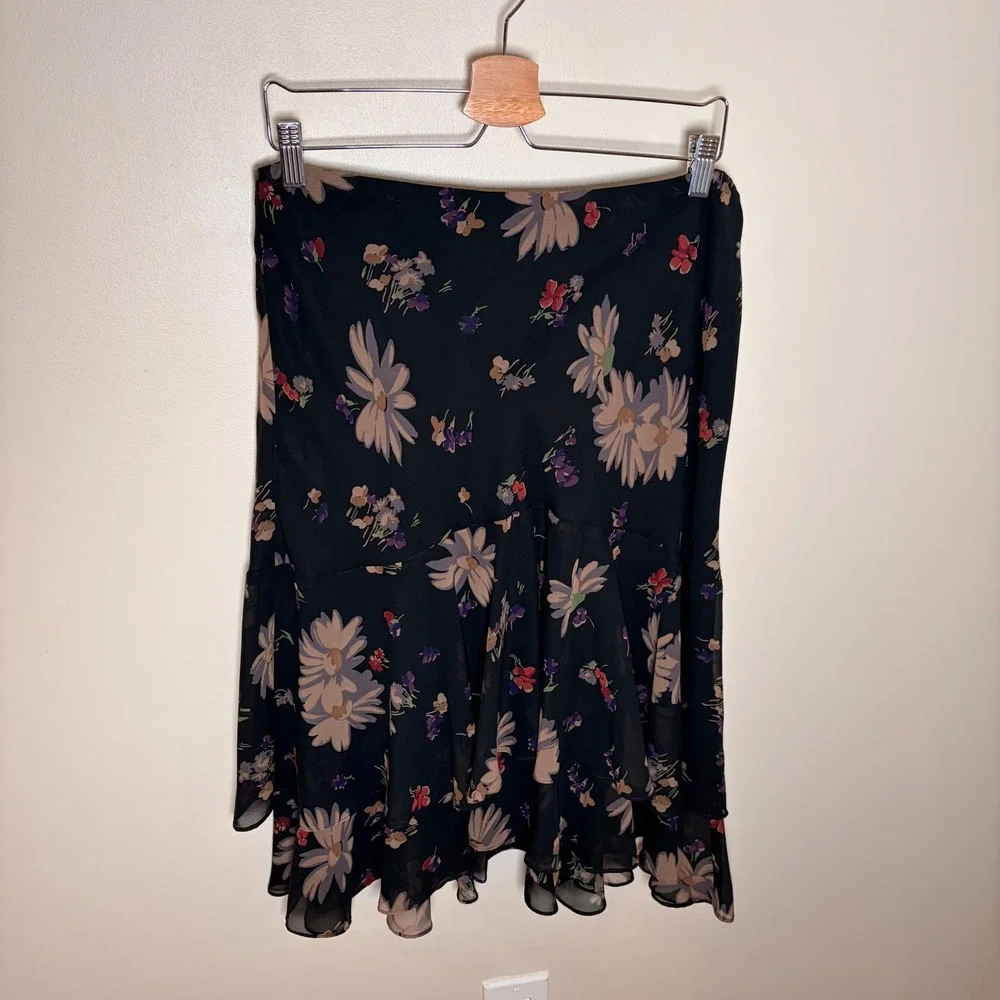 American Living Skirt Women L Black Floral Tiered Ruffle Chiffon Midi Skirt